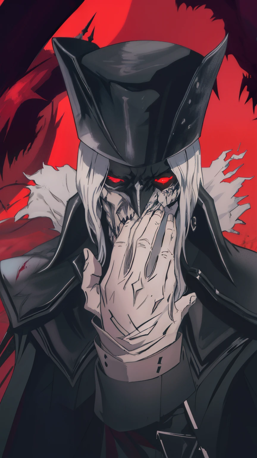 blurred image of a man in a black hat and a black coat, Alucard, portrait of a bloodborne hunter, code vein, estilo bloodborne, bruxa castlevania, O Ceifador como um Assustador, Arte Sangrenta, Karthus de League of Legends, de overlord, Helltaker, Ceifador de Overwatch, omen from valorant, monstro transportado por sangue