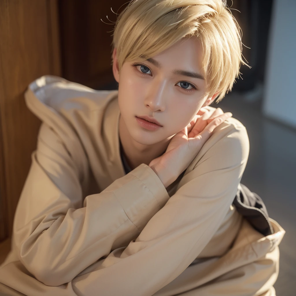 a handsome,Young men, Realistic and exactly the same short blonde hair , realistic outfit , Realistic light, realistic shadow, Realism, Hyper realistic,(Photorealistic:1.2), normal small eyes