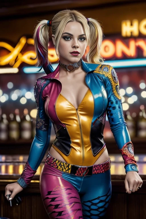 (best quality:1.33), (masterpiece:1.42),(photorealistic:1.3) (detailed:1.15), , high contrast and dynamic pose, movement, energy, mist, wind,
Generate an image of harley quinn wearing a colorfull suit with flashy, (intricate suit:1.3), eye-catching special effects, drinking a beer at the crowded bar, in the style of Ross Tran,
professional photoshoot, action shot, cowboy shot,