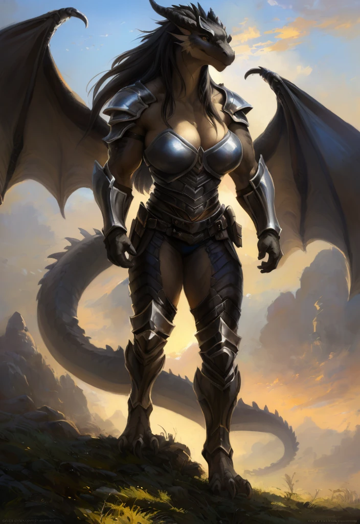 Dragon girl, big chest, day, sexy, sensual, detailed, uploaded to e621, beautiful and detailed portrait of an powerful anthropomorphic dragon ((female))) kenket, ross tran, ruan jia, uploaded to e621, zaush, foxovh, scalie, silver scalie, movie lighting, standing, open legs, long hair, muscular, large breats, epic realism, Black skin, Large neckline, Full body, Detailed Feet, day, Light against the face, ambient light, Open field, plain, Armor, No wings