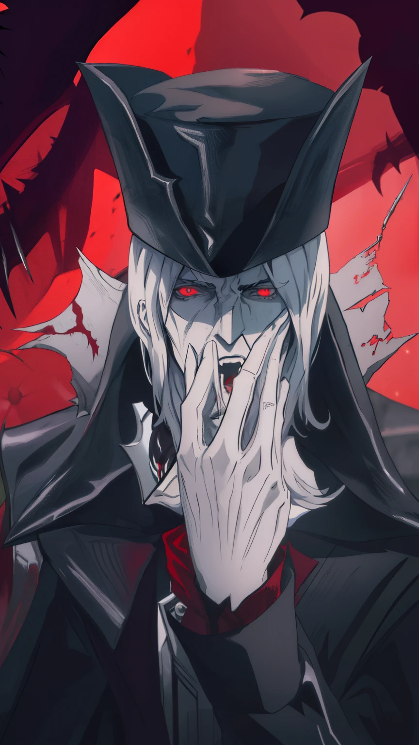 blurred image of a man in a black hat and a black coat, Alucard, portrait of a bloodborne hunter, code vein, estilo bloodborne, bruxa castlevania, O Ceifador como um Assustador, Arte Sangrenta, Karthus de League of Legends, de overlord, Helltaker, Ceifador de Overwatch, omen from valorant, monstro transportado por sangue