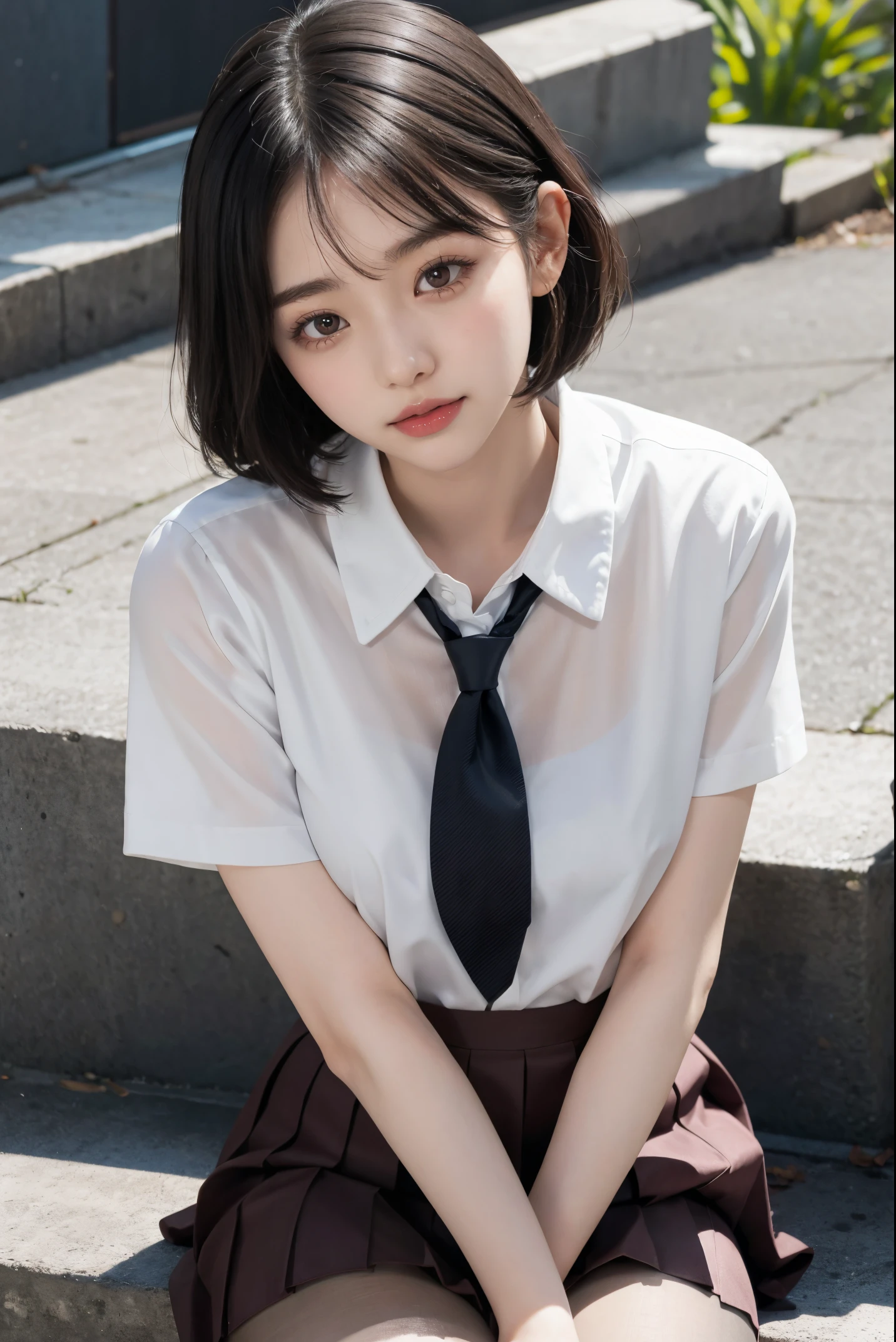 Korean school uniform、summer school uniform shirt、tight shirt、ribbon tie、Skirt by the、schools、school stairs、Emphasize your chest with both arms、Slender big、8K RAW photo、Hight Resolution、age:18 、Japanese people、Eyes of Wound、very large, Round chest eyes are detailed and detailed..........、Long eyelashes and beautiful double eyelids、eyeshadows、Eyeline、slender eyes、elongated eye shape、sanpaku eyes, beautiful, Thin leg, beautiful, thin thigh、Random Shorthair、Tie your hair behind your head、eardrop、Light-brown hair、(Wearing pantyhose)、Thighs are erotic、Sorrisos、The mouth opens slightly