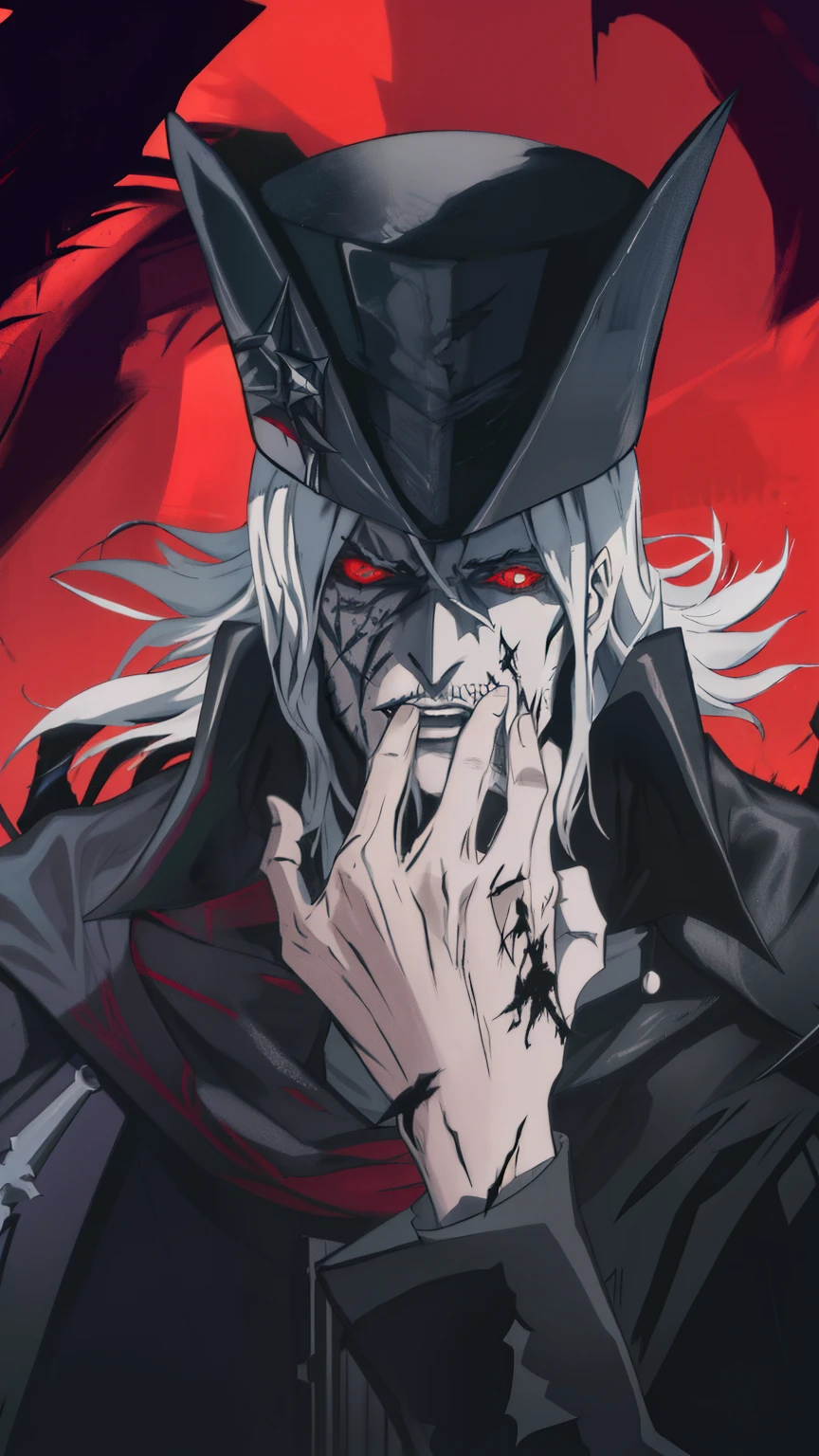 blurred image of a man in a black hat and a black coat, Alucard, portrait of a bloodborne hunter, code vein, estilo bloodborne, bruxa castlevania, O Ceifador como um Assustador, Arte Sangrenta, Karthus de League of Legends, de overlord, Helltaker, Ceifador de Overwatch, omen from valorant, monstro transportado por sangue
