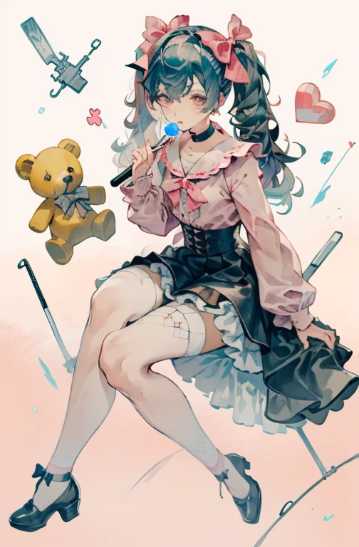 Masterpiece, Best Quality, (Jirai_Kay),1girl, 独奏, Long_Hair, olhando_at_Viewer, Shirt, black_Hair, Long_Sleeves, bow, band, twintails, sitting, Monochrome, Hair_bow, Heart, pantyhouse, frills, food, Shoes, Choker, blunt_Bangs, black_upskirt, Pink_eyes, stuffed_toy, Pink_Background, stuffed_animal, frilled_upskirt, Pink_bow, (fishnets), candy, plaster, Pink_Shirt, teddy_bear, Lollipop, (fishing net_pantyhouse), platform_footwear, Pink_subject, tablet, heart-shaped pupils,