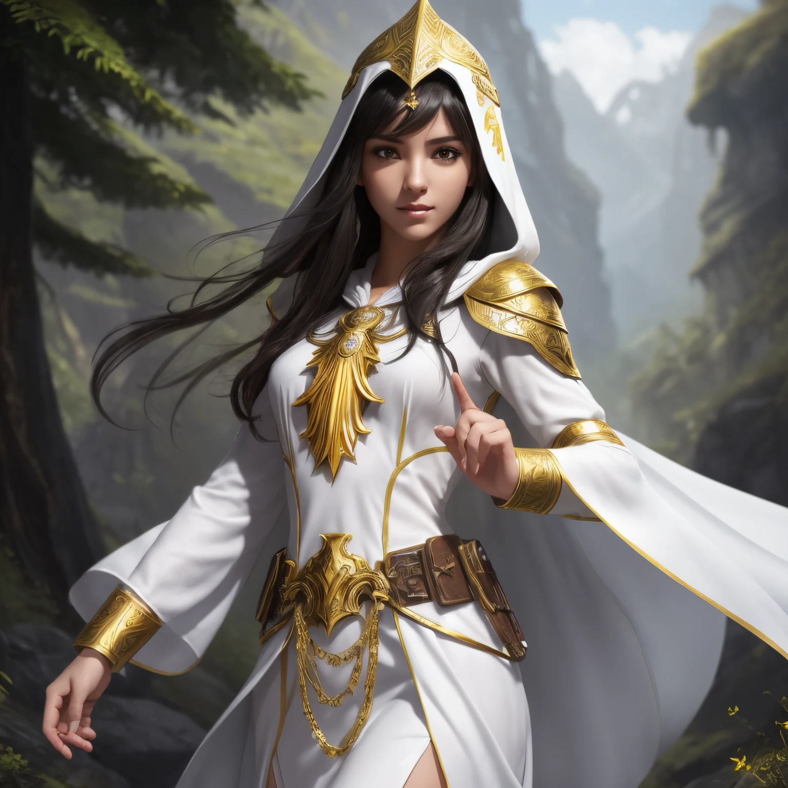 young role-playing style woman dark hair light skin upturned nose wearing white tunic with golden details priestess style with hood on head and innocent expression small silver armor on wrists utility belt long dress and dark boots full body image with RPG landscape background fantasy castle school magic