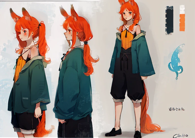 Character Reference Sheet, Concept Art, Cute Boy, Femboy, Flat Chest, Idol, Soft Orange Hair, Chinchilla Ears and Tail, Magic, Cute Shorts, Long Hair, Two Ponytails