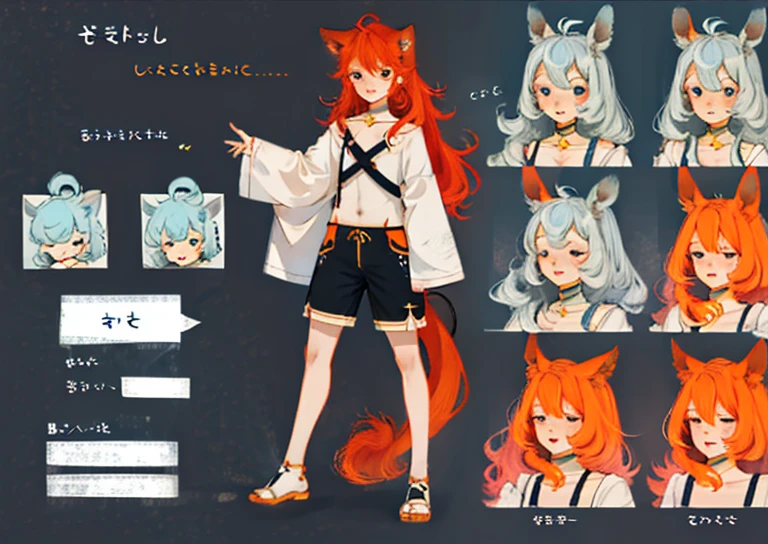 Character Reference Sheet, Concept Art, Cute Boy, Femboy, Flat Chest, Idol, Soft Orange Hair, Chinchilla Ears and Tail, Magic, Cute Shorts, Long Hair, Two Ponytails