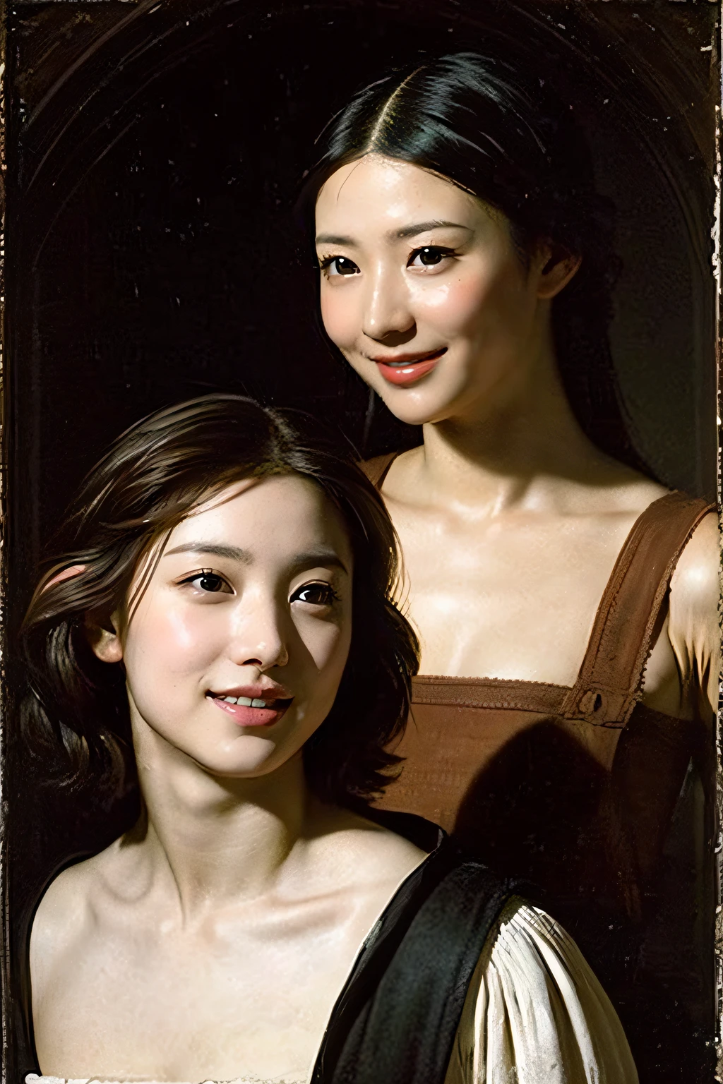 Ancient Roman landscape in the style of Poussin,A smile,,Sweet and seductive appearance.、Caravaggio's paintings、Chiaroscuro of Caravaggio、Hair disheveled in the wind,Two women frolicking,Cute smile, Expression of ecstasy,A sexy,erotick