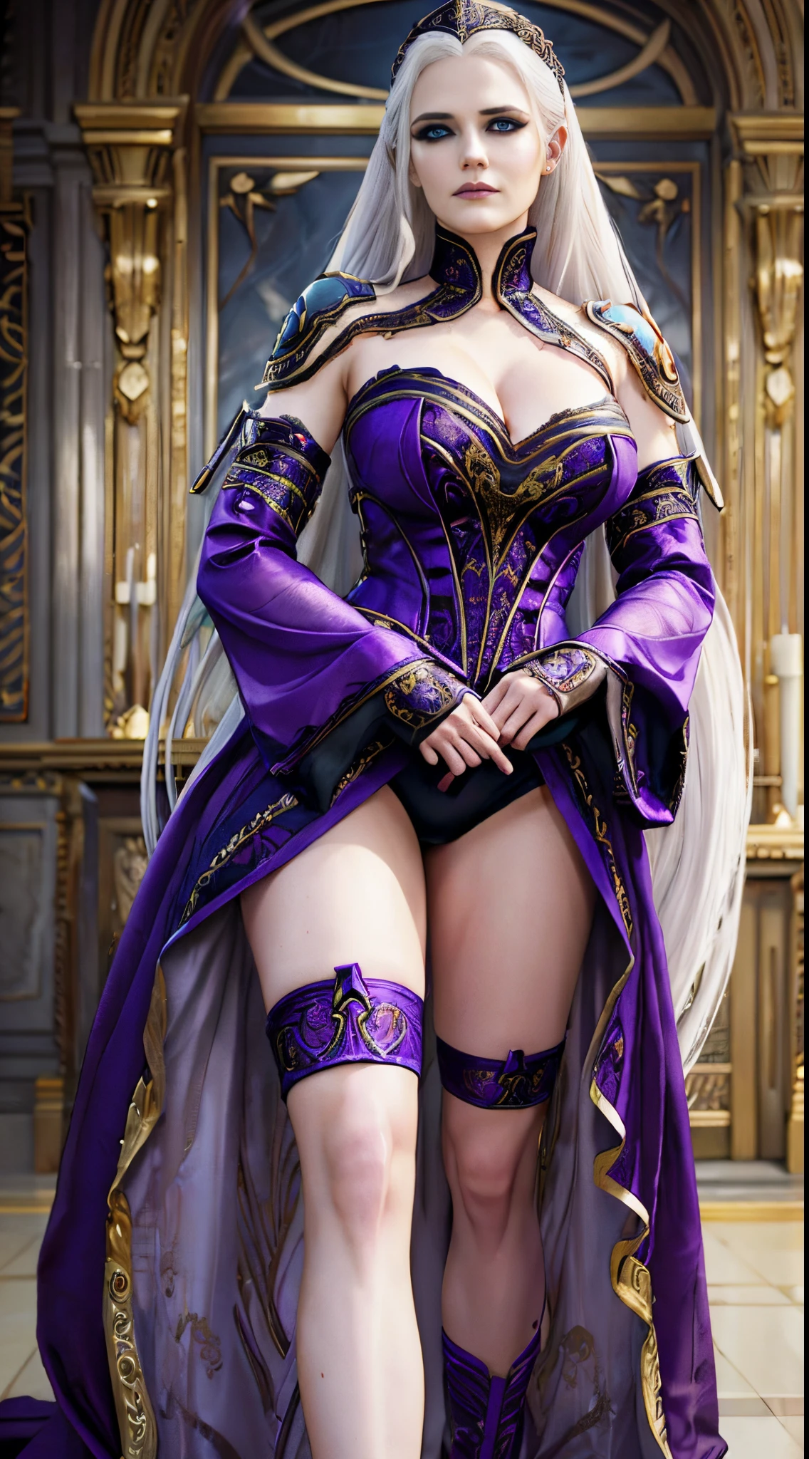 ((a woman 3v4gr33n)) as Sindel from Mortal Kombat, long, flowing white hair, piercing blue eyes, complexion pale, wearing purple regal and ornate revealing outfit, with royalty and battle elements, her attire features flowing fabrics, intricate patterns, metallic accents, stockings, high heels, intricate, high detail, sharp focus, dramatic, photorealistic painting art by greg rutkowski