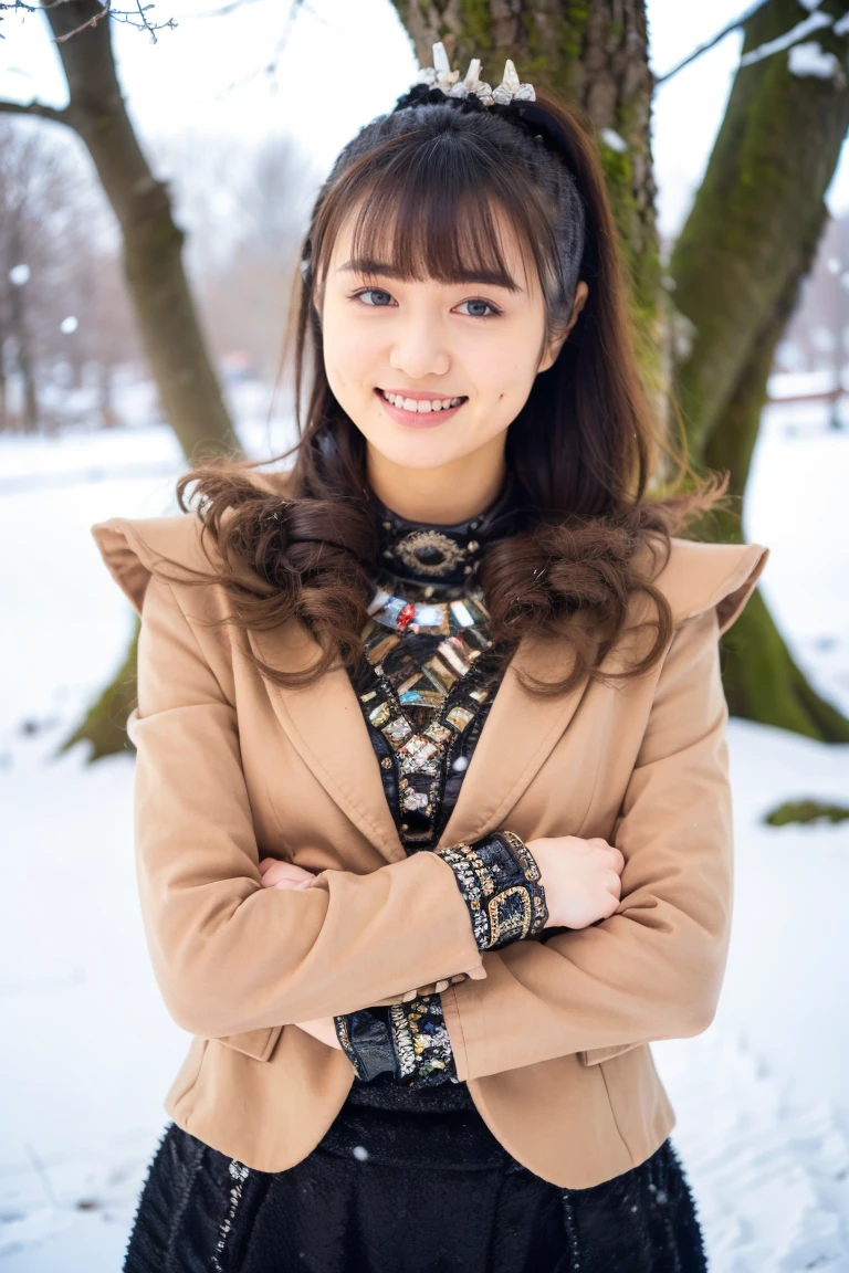 (best quality,highres),a woman playing at the snow forest,closeup view,light smile,long brown hair,powdery snowfall,soft winter sunlight,vibrant colors,warm winter clothing,frosty breath,twiggy branches,icy forest floor,snowflakes on eyelashes,stillness of the surroundings,natural beauty of the snow-covered landscape,serene atmosphere,calmness in her eyes,magical winter wonderland,delicate snowflakes dancing in the air,whispers of the wind,peaceful solitude,joyful laughter,sparkling snow crystals,frost-kissed trees,snowy footprints leading into the distance,faint sound of crunching footsteps,crispness in the air,tree trunks covered in snow blankets,beauty in simplicity,nature's artwork,gentle breeze,pure white serenity,ethereal winter scene,dreamlike tranquility, (((arms behind body))), oily