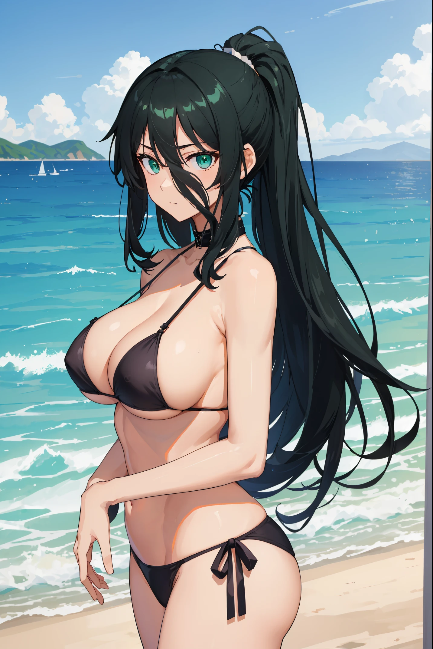 (tmasterpiece), Best quality at best, Expressive eyes, s the perfect face, green-eyed, black hair ponytail, The large, humongous large breast, , Sexy black bikini, sea beach