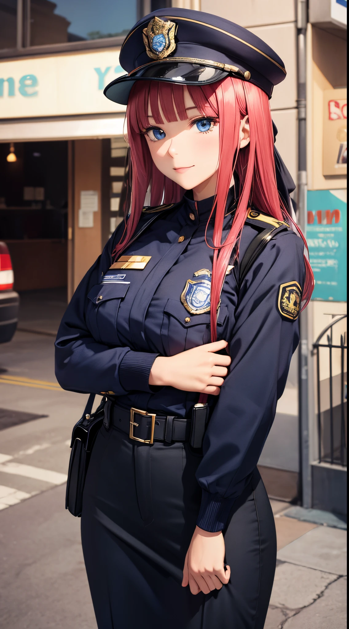 Nino Nakano sonriendo,sexy,police uniform, calle