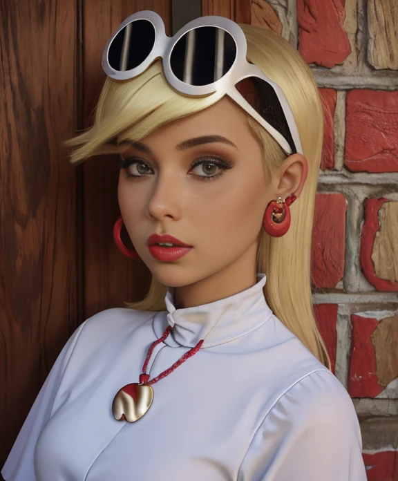 1girl, jermosa chica adolesente , ojos azules , Obra maestra, Calidad superior, La mejor calidad, Unidad 8K Fondo de pantalla, Altas Resoluciones, ultrahigh resolution, Ultra detallado, beautiful and aesthetic beautiful girl , 17 year old , cabello largo rubio , pelo rubio , vestido turquesa a la moda , gafas de sol como diadema , sandalias blancas con arco verde , aretes de aro color rojo ,lindo maquillaje , labios rojos , senos grandes , Leni loud , Applejack , mlp , posando para foto