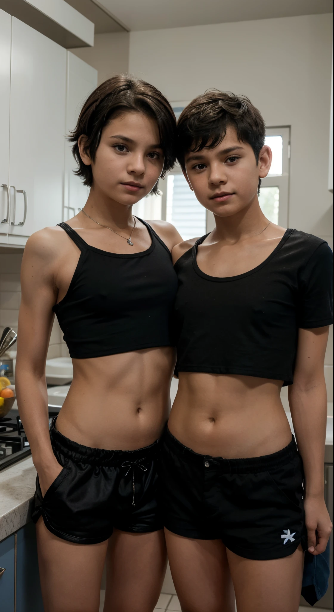 A boy  stands in the kitchen with his mother, boy dressed in a black short top and black short shorts, mom is wearing a white short top and blue shorts, boy wears a black crop top and black short shorts, Black Short Top, crop top