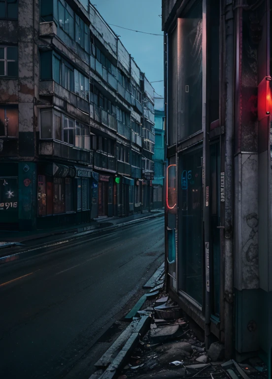 low angle, russianebenya, old panel houses, street, neon lights, cyberpunk, dark evening, movie still, 80mm lens, masterpiece, best quality, (film grain:1.1), ultra high res, RAW