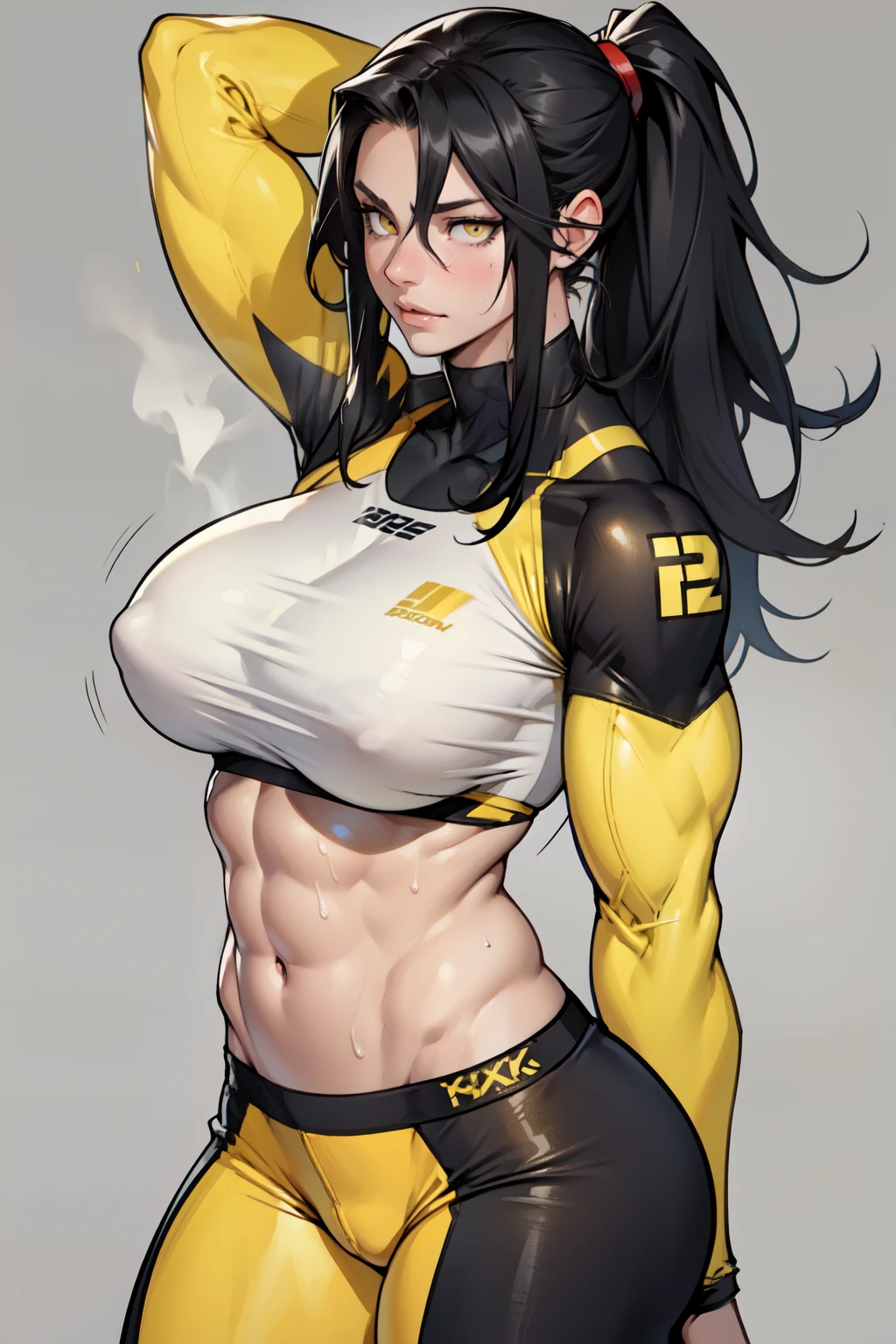 girl (1girl muscular grey background pale skin bodybuilder) toned body huge breasts thin waist black hair yellow eyes straight hair sweaty hair between eyes skintight