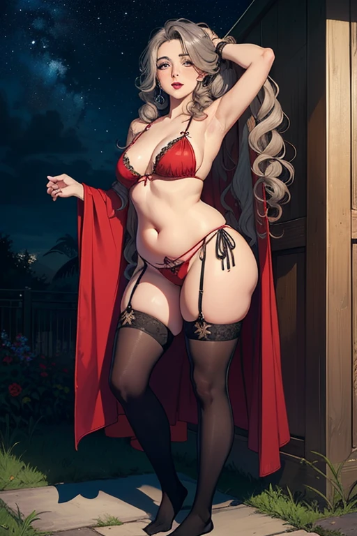 ((best quality)), ((masterpiece)), (detailed), perfect face, ((1 (dark skin) curvy plump Caribbean mature older woman blushing with (long curly brown hair with grey highlights), green eyes, thick thighs with cellulite, small breasts, wearing open transparent red silk robe, puffy tall black socks, transparent red thong pubes exposed, tribal tattoos all-over)), lying on grass outside, legs spread, (full body in frame), light armpit hair, happy, seductive, lip biting, shy, colorful silken sheets, starry night sky atmosphere, high angle shot