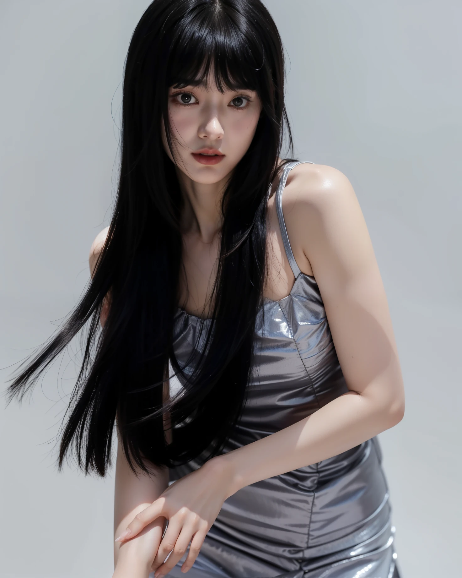 (1 pale girl, cabelo far away e cacheado, wearing a dress (far away, black and extremely wet).)