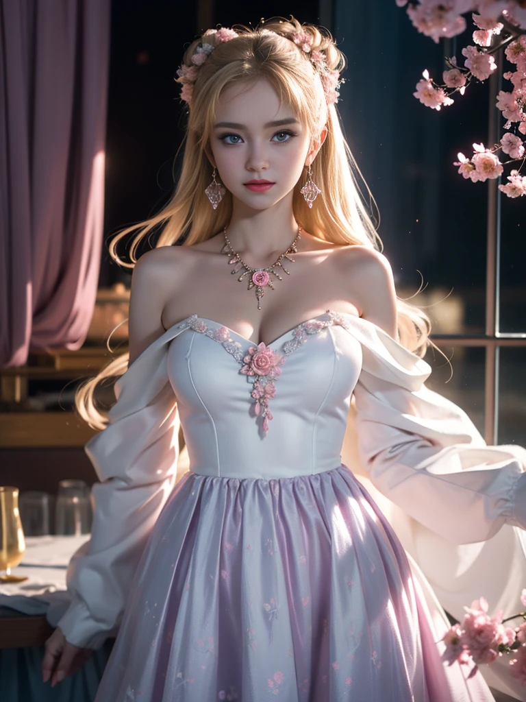 tmasterpiece,Highest image quality,super detailing,Best quality ,Extremely Delicately Beautiful, Very meticulous,Best quality, offcial art, extremely detaild的 CG unified 8k wallpapers, Ana de Armas portrait photo, blond hair blue eyes,Radiant skin and radiant eyes:1.1), pretty skin, lamplight, (Detailed lighting:1.2), (Beautiful and detailed light:1.3), face to the viewer,beautiful wedding dress, deep understanding, The beautiful, iintricate, digitial painting, smooth private parts, Focus sharp, The end of the world, Epic reality, (HighDynamicRange:1.4), captivating curves,(pastel colour:1.4), Bigchest,apocalyptic, giving up, com cores neutras, natta, Screen space refraction, (Complicated details, ultra - detailed:1.3), Dream Catcher Necklace,art stations, Cinema lenses, vignet, the complex background, buliding,Enchanted smile,detailed back ground,Dream catcher earrings in various colors,white colors,in pink,purpleish color,red colour,blue colors,orange colors,green color,cyan colors,),No shoulder strap,blossom print,The right limbs,