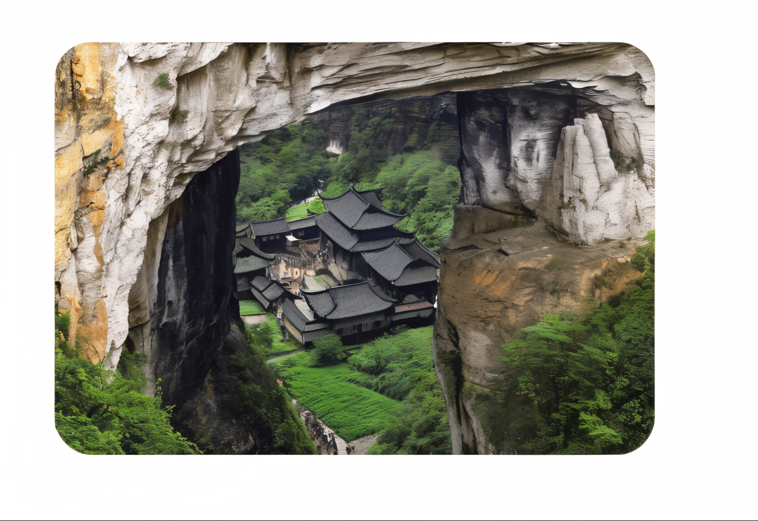 Franco-German view of a small village in a cave with windows, Taoist temple and monks, zhangjiajie, hou china, Chinese Ancient Architecture, China Village, Zhangjiajie national forest park, qiangshu, the taoist temples of huangshan, Chinese landscape, ancient cave town, ancient city of white stone