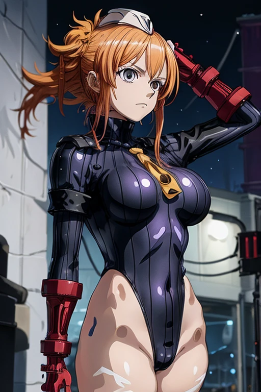 {1girl in},{{{{{masutepiece++, Best Quality++, Ultra-detailed+, 超A high resolution,(Photorealistic:1.4),Raw photo,(Nami)+,(Nami)+,(One Piece NAMI)+,(Onepiece),Orange hair, Girl in black latex full body suit,very aesthetic, Best Quality, absurderes, 1girl in, Brainwashed,}}}}}, ((purple glowing eyes 1.4)), (huge-ed:1.2)deadpan, laboratory, Darkness Room, (Neon light:1.2), (Night:1.5), stand up and salute