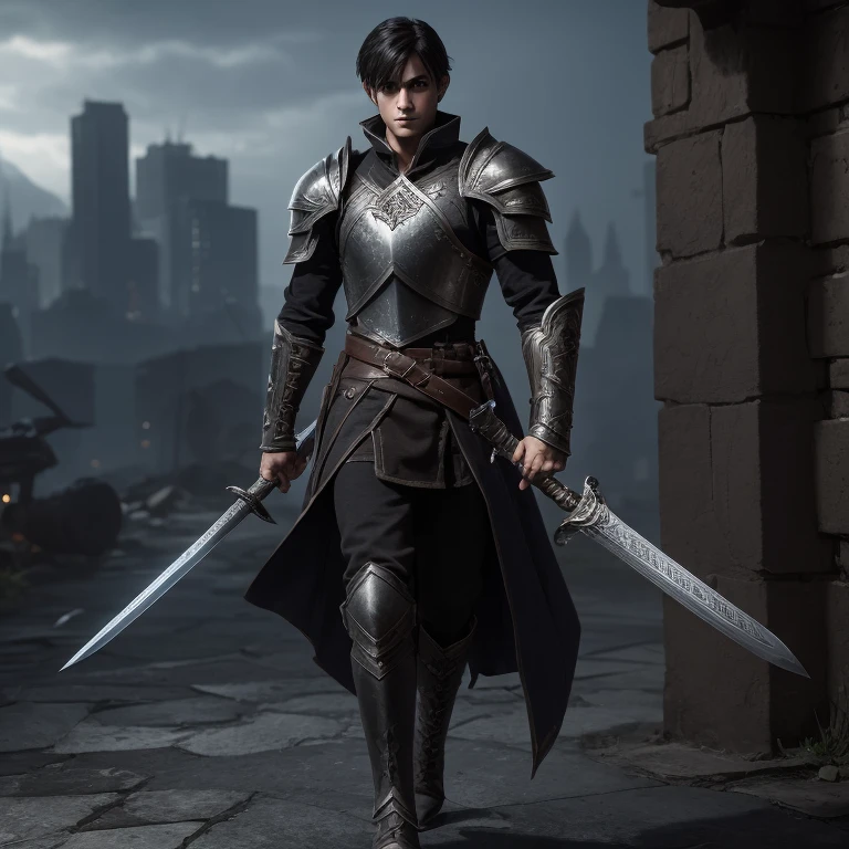 young rpg style boy wearing detailed chest armor cut dark hair and cuffs worn and with cracks shabby dark clothes holding shield and sword dark boots full body image with rpg city background walking forward confident expression amazing details on face scar left eye