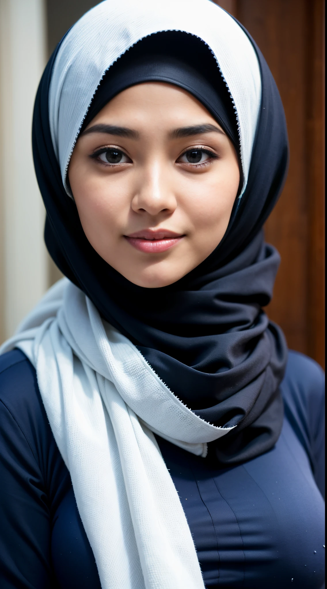 1 malay girl , modern plain hijab,  shy, medium portrait shot , watery  eyes ,lip watery, lip glossy, open mounth, big breast, 1 Malay girl, modern plain hijab, shy, medium portrait, watery eyes, RAW, Best quality, high resolution, masterpiece: 1.3), beautiful Malay woman in hijap:0.8),perfect nose,perfect lips, perfect eyes, detail :1.2), beautifull face, soft smile,Beautiful woman wearing a hijap,  a woman in a dark blue dress and a red scarf,  hijab, jessica kumala wongso, Beutifull girl, lovely smile, lovely woman, with lovely look, with a beautifull smile, cute beautiful,((close up))