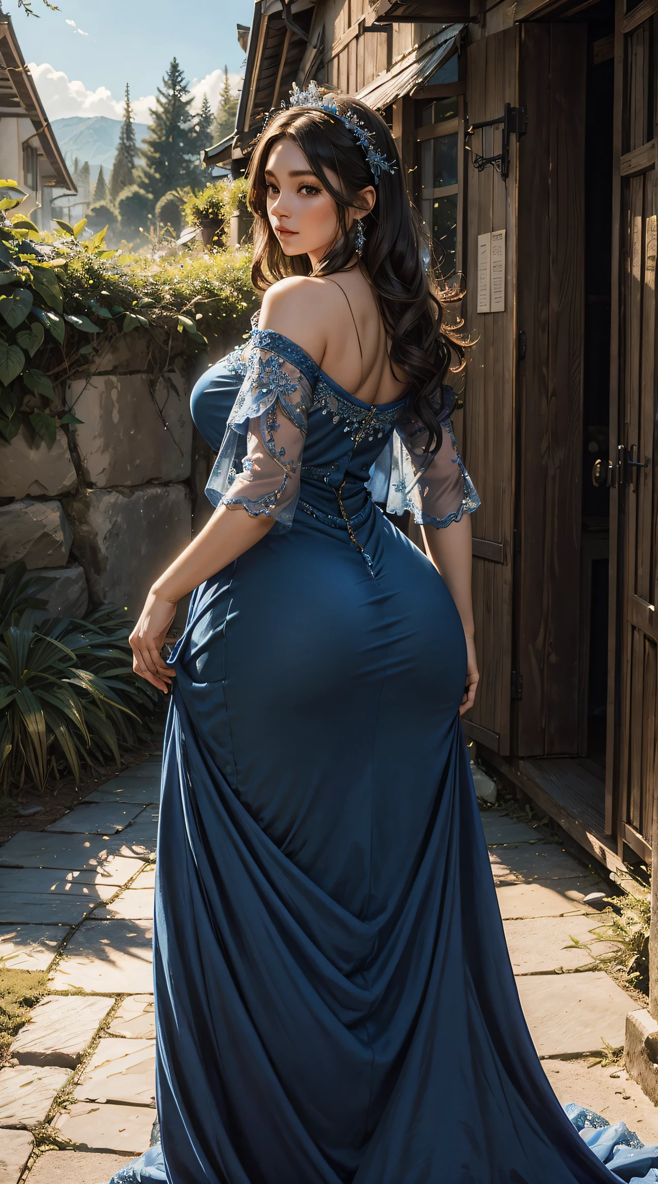 (Blue long dress, highly detailed and realistic dress, realistic nature, curvaceous and  body) [exquisite brushwork, stunning colors, soft lighting, serene atmosphere], (((big ass)))