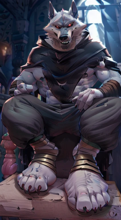 suggestive content, highres, super high resolution, beautiful details, beautiful eyes, depth of field, solo focus, detailed background, high quality, good lighting, high reasterpiece))), 8k, depth of field, ray tracing, detailed background, soles, lighting, detailed face and body, detailed lighting, [cinematic lighting], [backlighting], [detailed ambient light], [gray natural lighting], [sharp focus], solo,
Deathwolf, Death Wolf, death_(n_bootlack sclera, red eyes, male anthro wolf furry, canid, canine, werewolf, muscular, hunk, handsome, sexy, beefcake, stud, seductive expression,
(Standing in an egyptian palace castle), (close up, extreme close up), (headshot):1.3, (wearing black poncho, black cloak),
(detailed fluffy fur, fluffy, detailed fur):1.2, [tuft, neck tuft, neck fluff, tufted fur, fur tuft, inner ear fluff],
by darkgem, by honovy, by spectrumshift, by tarakanovich, by zourik, feet, pov of soles, foot focus, soles, four toes, footjob, perfect soles, good looking feet, perfect toes, footjob domination, black toeclaws, bottom of feet, point of view of the bottom of feet, soles focus, propping feet up, (feet pointing up showing solelack baggy pants, footjob, dildo between both feet, feet giving dildo a footjob