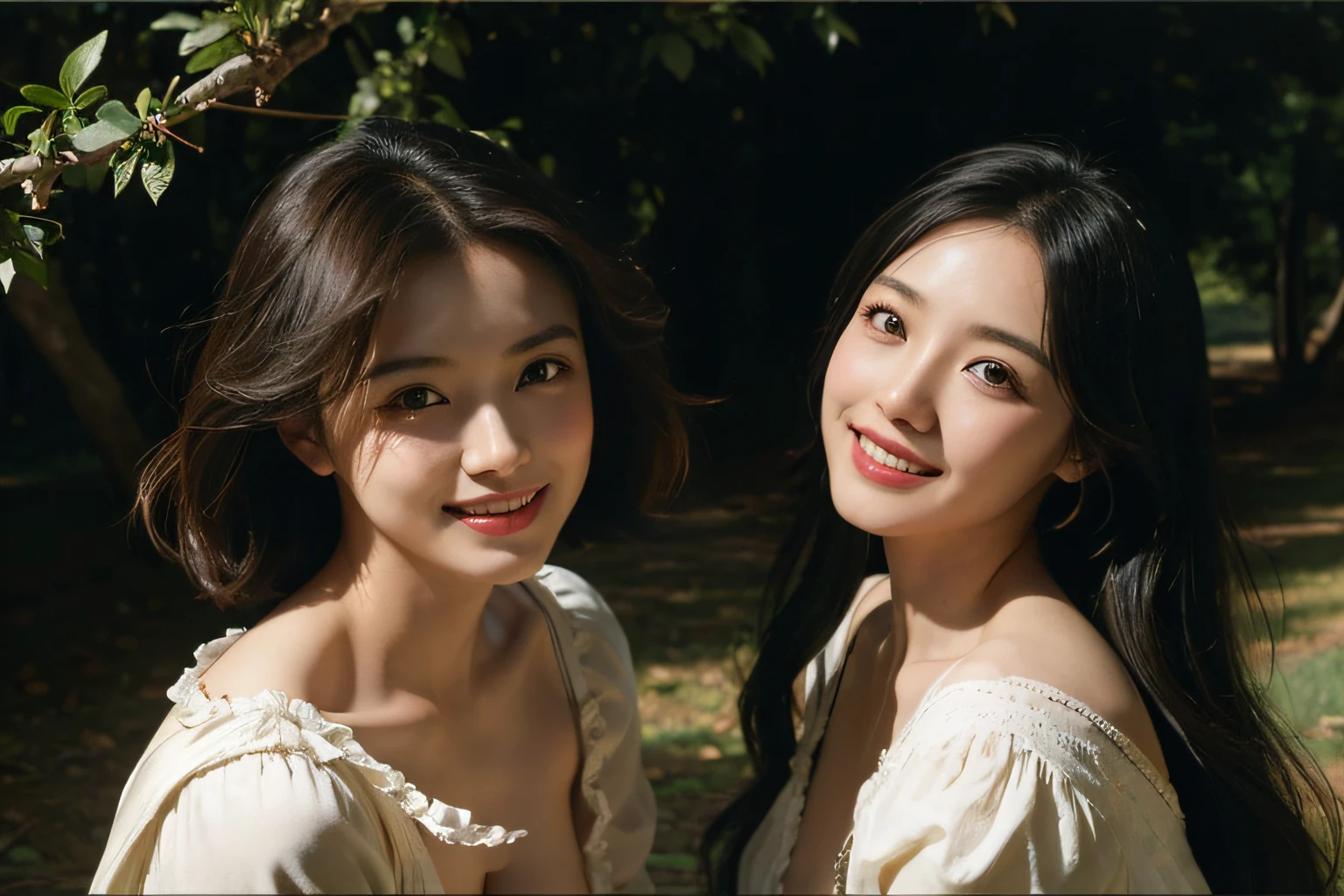 Poussin-style landscape,A smile,,Sweet and seductive appearance.、Caravaggio's paintings、Chiaroscuro of Caravaggio、Hair disheveled in the wind,Two women frolicking,Cute smile, Expression of ecstasy,A sexy,erotick