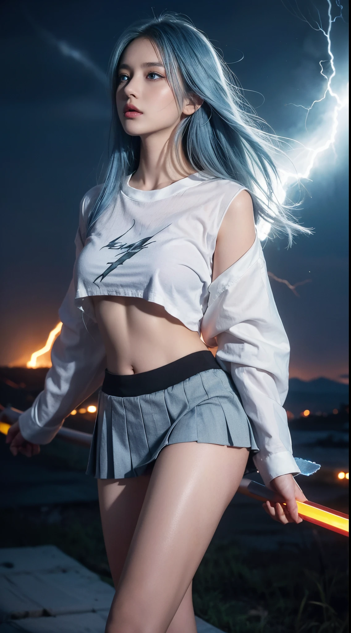 1 girl，white shirt,{Best bare knee quality,The content is very detailed,{{tmasterpiece}},ultra - detailed,Lighting light}}},depth of fields,Wind lift,Very long hair,Eye beauty machine arm}}},{Magic circle surrounded by lightning},light blue eyes,beautidful eyes,gorgeous one,cow boy shooting,{looking at viewert},{Strong light irradiates the body},{{Iridescent hair}},{{{aquarelle_(middling)}}},Glowing round pupils,sitted,,{pleated_a skirt},{{{{Lightning hair accessories_glowing}}}},Blue hair,burning sky,lightning effects,{{Detailed power surround sound}},{electrical},{Pull yourself together},Lightning cloud,, Best quality at best,tmasterpiece,actual,tmasterpiece,The content is very detailed,Extremely detailed description,Extremely detailed CG Unity 32K wallpaper,8K,