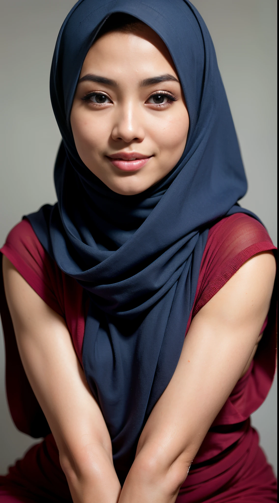 matured malay woman in hijab naked portrait photography, mid shot photo, ultra detail, professional photograph with professional lighting, smile, light blue studio background, sexy seducing pose, slim and slanders, small breast