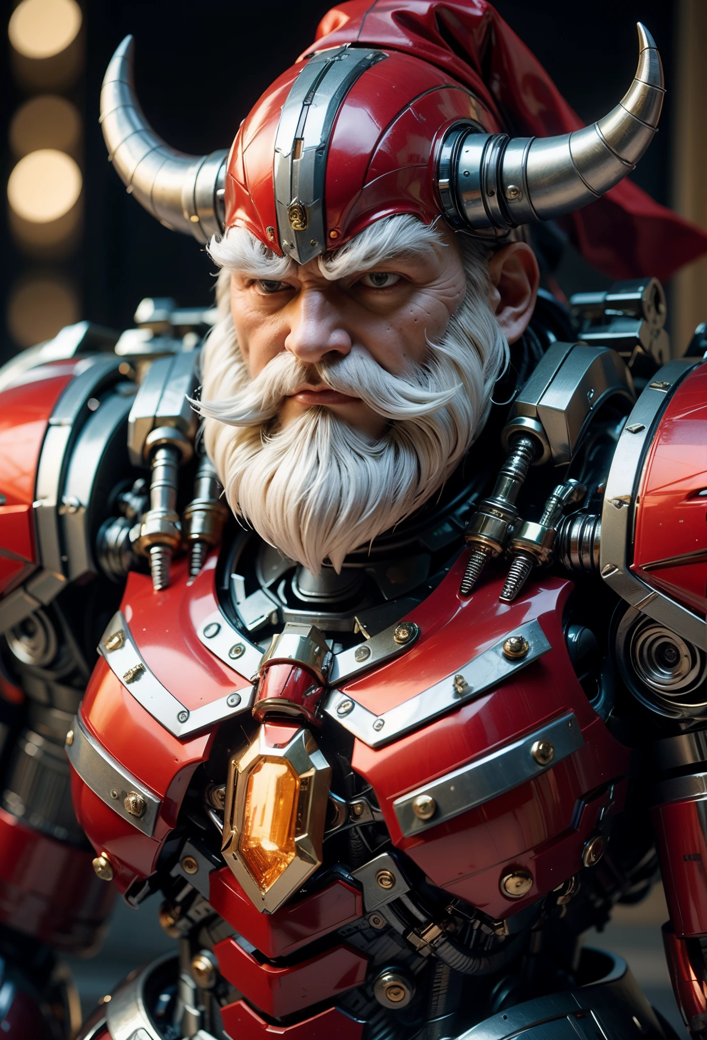 Close-up of Santa Claus wearing red armor and lights on his chest., Santa Claus Cyborg, Details of the humanoid robot, Fat body, closeup portrait shot, captured on canon eos r 6, (Realistic face details), intricate detailed, Portrait of a humanoid robot, very high details, Realistic photos, 8k, UHD, hyperdetailed, (Dynamic Poses:1.4),