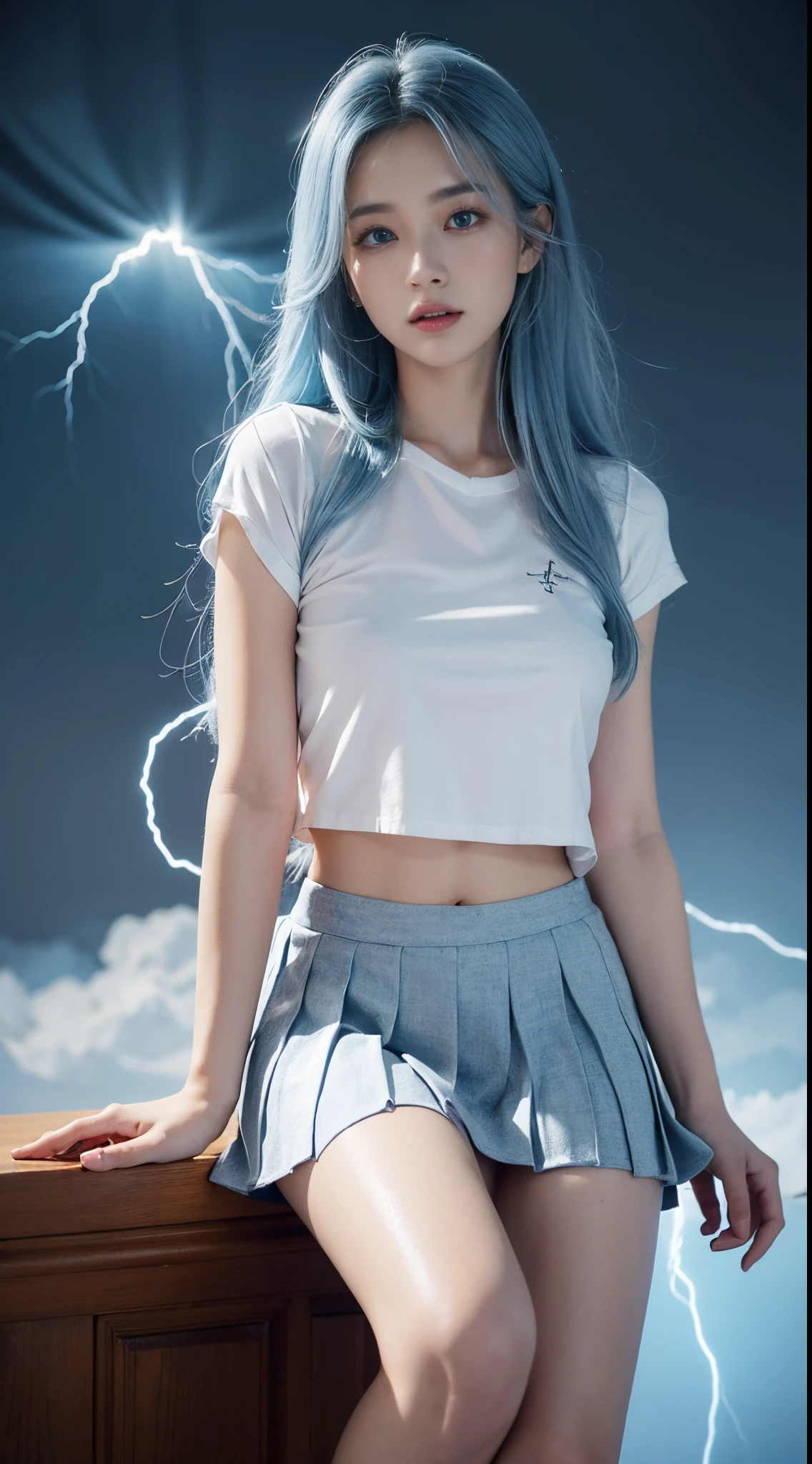 1 girl，white shirt,{Best bare knee quality,The content is very detailed,{{tmasterpiece}},ultra - detailed,Lighting light}}},depth of fields,Wind lift,Very long hair,Eye beauty machine arm}}},{Magic circle surrounded by lightning},light blue eyes,beautidful eyes,gorgeous one,cow boy shooting,{looking at viewert},{Strong light irradiates the body},{{Iridescent hair}},{{{aquarelle_(middling)}}},Glowing round pupils,sitted,,{pleated_a skirt},{{{{Lightning hair accessories_glowing}}}},Blue hair,burning sky,lightning effects,{{Detailed power surround sound}},{electrical},{Pull yourself together},Lightning cloud,, Best quality at best,tmasterpiece,actual,tmasterpiece,The content is very detailed,Extremely detailed description,Extremely detailed CG Unity 32K wallpaper,8K,