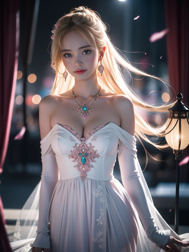 tmasterpiece，Highest image quality，super detailing，Best quality at best ,Extremely Delicately Beautiful, Very meticulous,Best quality at best, offcial art, extremely detaild的 CG unified 8k wallpapers, Ana de Armas portrait photo, blond hair blue eyes，Radiant skin and radiant eyes:1.1), pretty skin, lamplight, (Detailed lighting:1.2), (Beautiful and detailed light:1.3), face to the viewer，beautiful wedding dress, deep understanding, The beautiful, iintricate, digitial painting, smooth private parts, Focus sharp, The end of the world, Epic reality, (HighDynamicRange:1.4), captivating curves，(pastel colour:1.4), Bigchest，apocalyptic, giving up, com cores neutras, natta, Screen space refraction, (Complicated details, ultra - detailed:1.3), Dream Catcher Necklace，art  stations, Cinema lenses, vignet, the complex background, buliding，Enchanted smile，detailed back ground，Dream catcher earrings in various colors，white colors，in pink，purpleish color，red colour，blue colors，orange colors，green color，cyan colors，），No shoulder strap，blossom print,sexy curves，