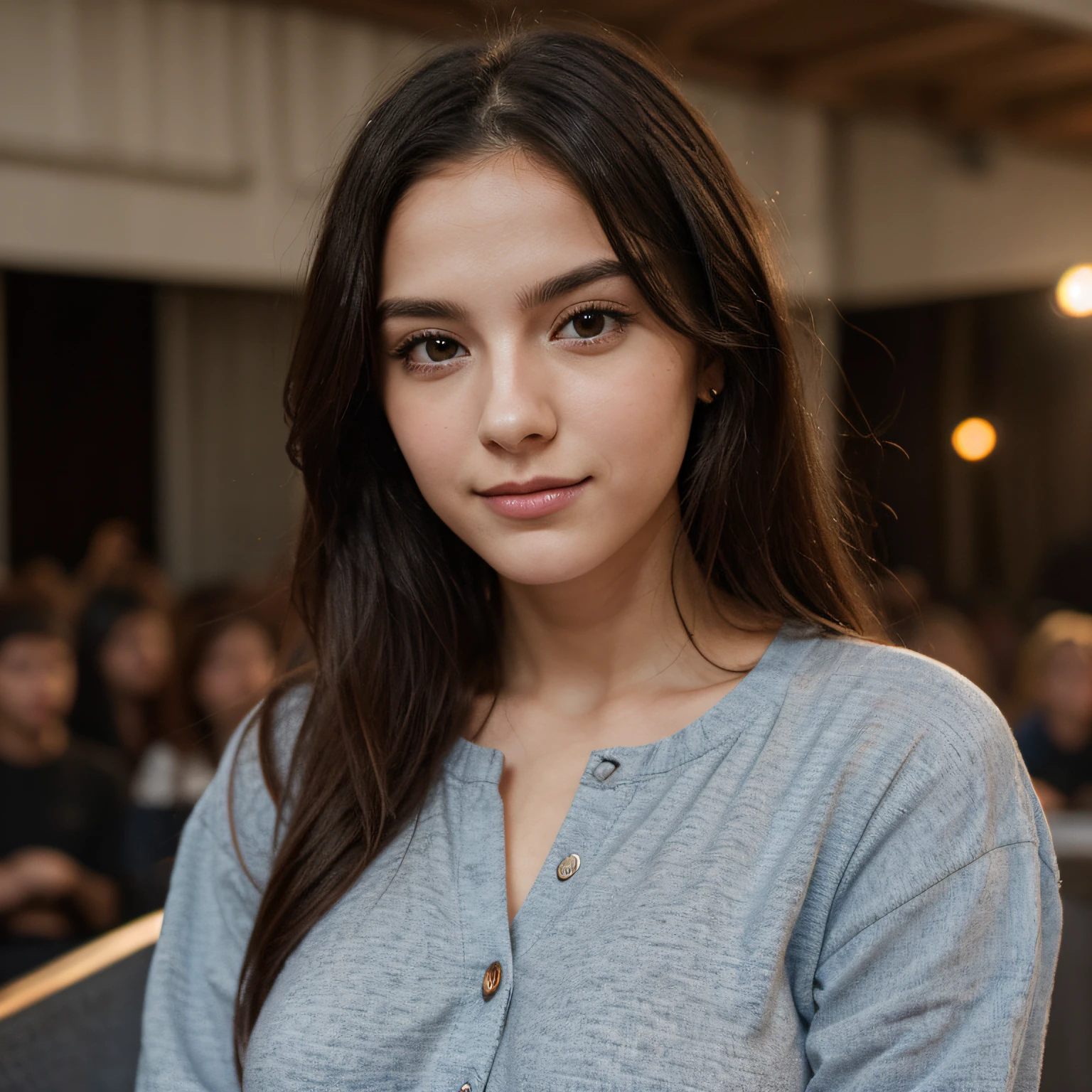 Masutepiece、highest qualityr、high resolusion、Eleonora Pavinato, 23 years old, Younger headshot, looking cute, cute pose, Beautiful busty girl, Black long hair, wearing casual clothing, at concert