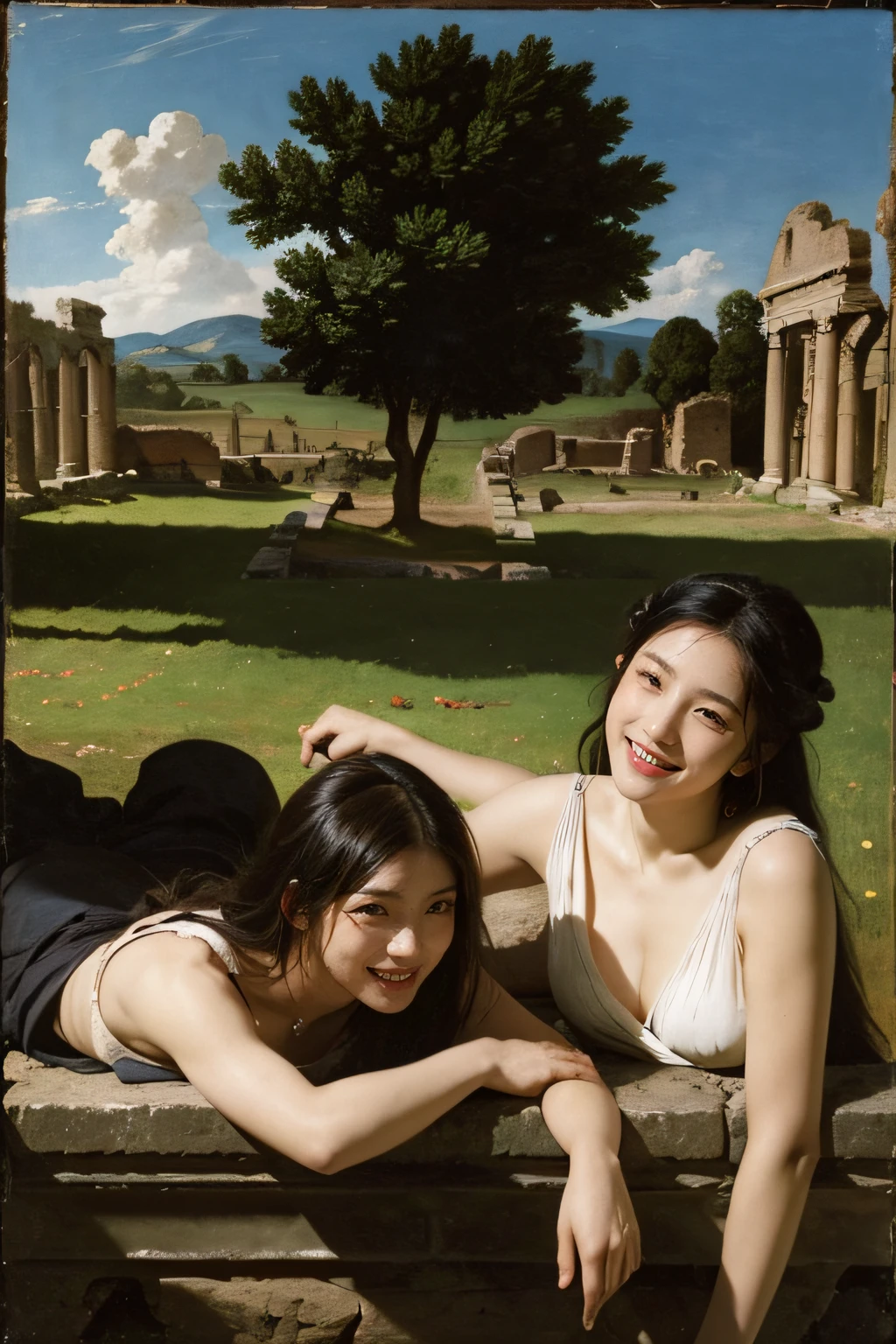 Ancient Roman ruins,Poussin-style landscape,A smile,,Sweet and seductive appearance.、Caravaggio's paintings、Chiaroscuro of Caravaggio、Hair disheveled in the wind,Two women frolicking,Cute smile, Expression of ecstasy,A sexy,erotick