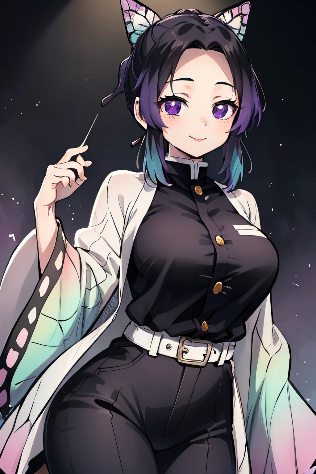 kochou shinobu, 1 girl, alone, multicolored hair, no bangs, hair clips, purple eyes, forehead, black shirt, black pants, haori, butterfly, buttons, belt, Japanese mansion, ((best quality)), ((very detailed)), masterpiece, absurdities, (detailed eyes, deep eyes), detailed pupils, 1woman,(happy:1.1),(smile:1.2),bright face,,big breasts, narrow waist, medium hips, wide thighs