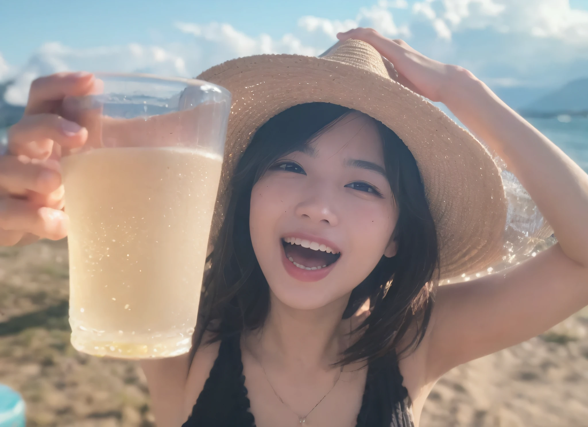 (in 8K、Raw photography, top-quality, hight resolution:1.2)、(realisitic、photoRealstic:1.5)、lighting like a movie、one girls、25-years old, japanaese girl, Wavy Hair, Short hair,,{{fewer moles}}, lightsmile, Drunk, plump freckles}, A detailed face, A detailed eye, Detailed fingers, detailed arms, a 35mm photo, fujicolor photo, taken with polaroid kodak portra, Disposable Camera Photography, photo 35mm, Shot at Kodak Portra, fujicolor sample, Shot with Canon 35mm lens, fuji pro 400h,Plump lips,((Soft Focus)),(Biologically correct fingers),(biologically correct arm),