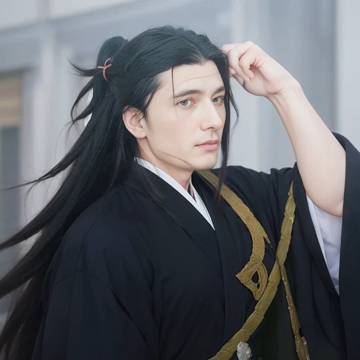 a close up of a person with long hair and a black robe, with his long black hair, shuushuu anime image, heise jinyao, hijikata toushirou, handsome guy in demon slayer art, taisho roman, inspired by Okumura Masanobu, shikanosuke yagaki, as an anime character
