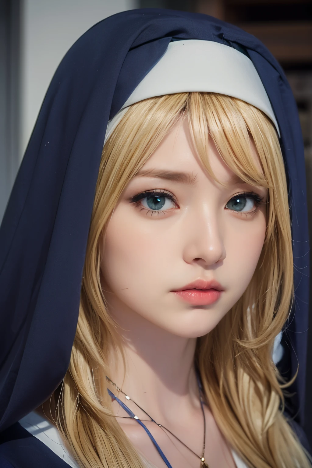 tmasterpiece,Best quality at best,A high resolution,8K,((Portrait)),(Head close-up),Original photo,real photograph,digital photography,(A medieval fantasy woman),(The nun in fantasy style),25 years old woman,(Inky blue gradation of hair),Long blue hair,red eyes,(Long hair with blue and gray gradient,blue),(Big breasts),An extravagant ornament,cparted lips,Keep your mouth shuegant and charming,((Frown)),Serious and arrogant,Calm and handsome,(Medieval nun costume,Cross,A complex pattern of clothing),Photo pose,medieval characteredieval fantasy style,City background at night,oc render reflection texture