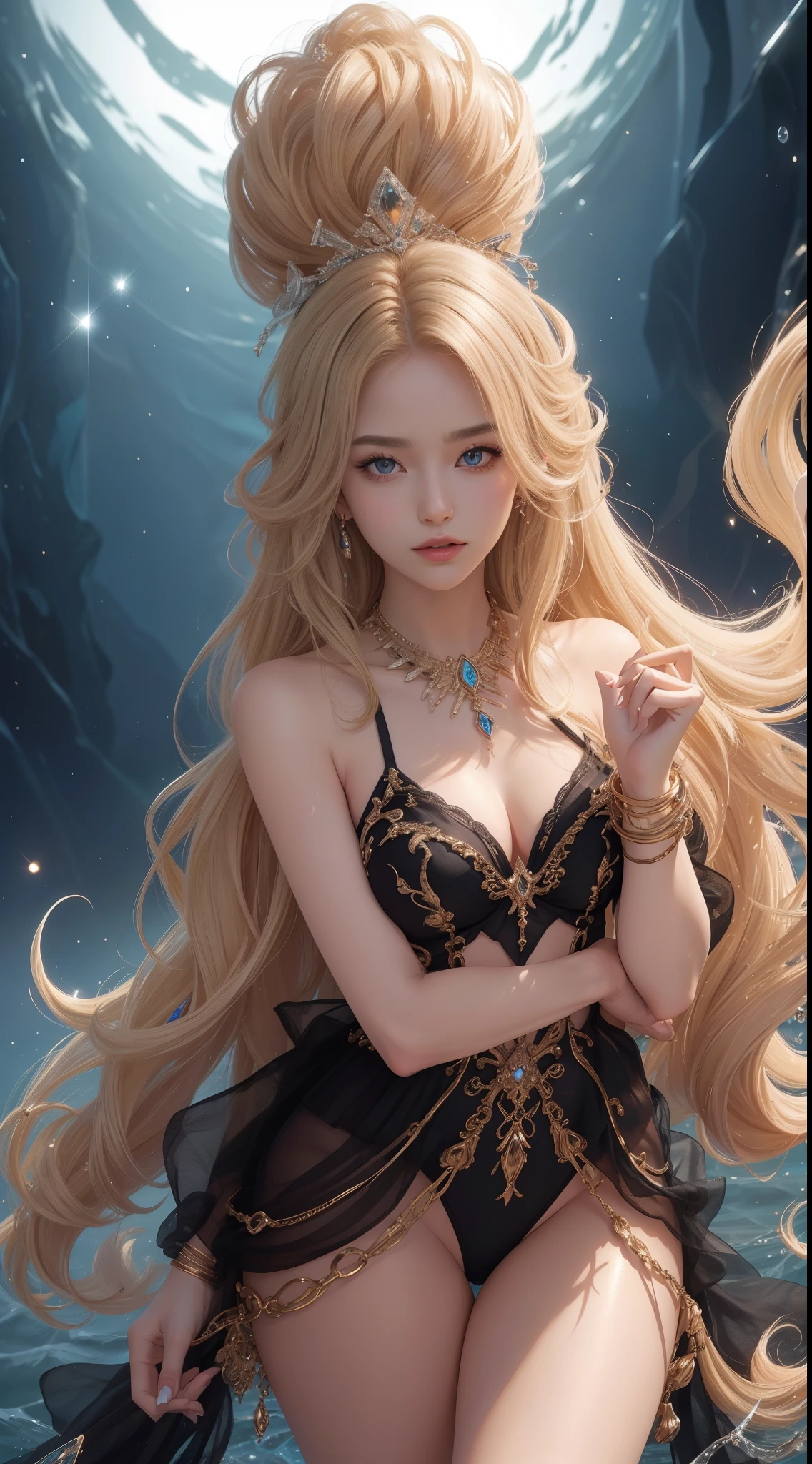 tmasterpiece,Highest image quality,Noble western dance beauty barefoot figure,Sophisticated black and blonde hairstyle,A dazzling array of exquisite jewelry A dazzling array of exquisite jewelry,Bikini costumes,Ultra-detailed details,advanced。At the Pixiv Art Station,Break your own power,,Obscenity exposed,R-18G