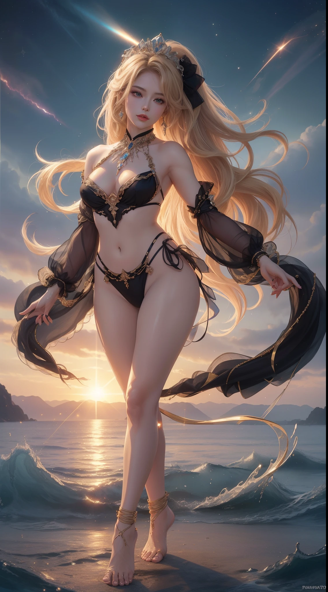 tmasterpiece,Highest image quality,Noble western dance beauty barefoot figure,Sophisticated black and blonde hairstyle,A dazzling array of exquisite jewelry A dazzling array of exquisite jewelry,Bikini costumes,Ultra-detailed details,advanced。At the Pixiv Art Station,Break your own power,,Obscenity exposed,R-18G