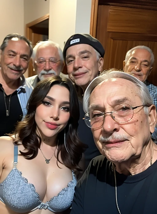 1 Woman in a bra at a party accompanied by a group of elderly men (3 hombres ancianos), Selfie