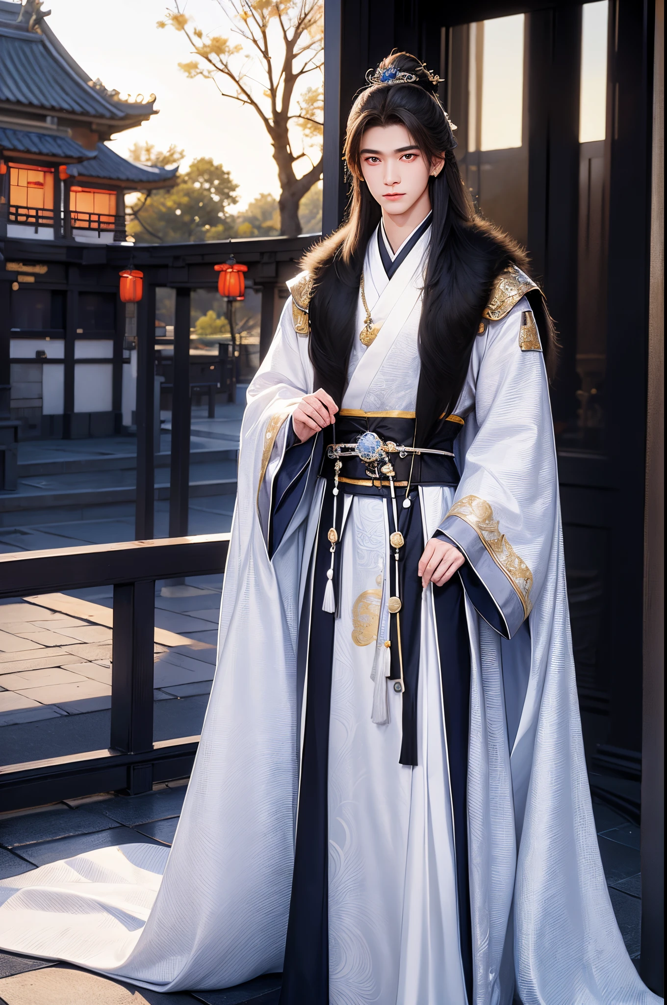 (Best quality,A high resolution,The image is clear:1.2),male people，the only person，Ultra detailed backgrounds,Beautiful man standing holding sword，Chinese style clothes,White robe，White mink fur collar cape,（white  clothes：1.5），natta，Garden scene,under moonlight,starrysky，Asian architecture，ancient wind，waterfall man，Romantic atmosphere,，Dutch Angle Shot,gentlesoftlighting,portrait of upper body，Noble prince，Eye focus，a sharp gaze，hair adornments，