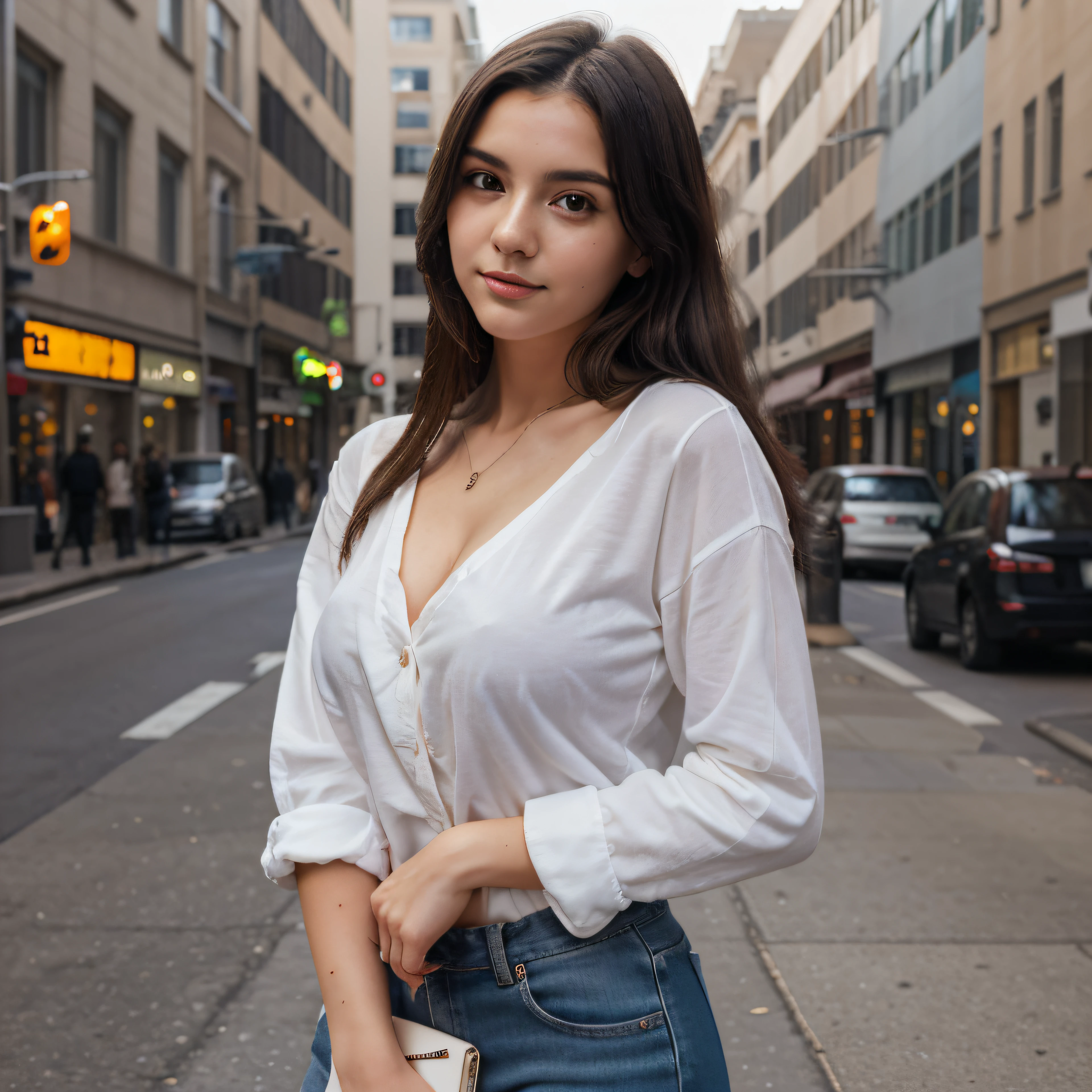 Masutepiece、highest qualityr、high resolusion、Eleonora Pavinato, 23 years old, Younger headshot, looking cute, cute pose, Beautiful busty girl, Black long hair, wearing casual clothing, in the city