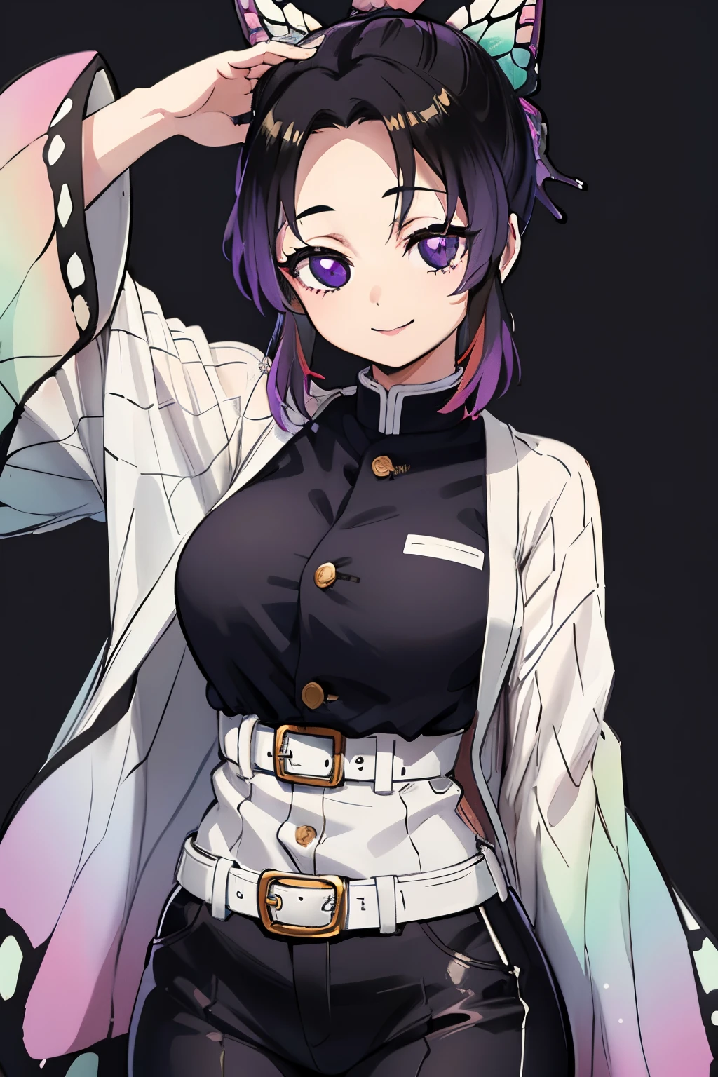 kochou shinobu, 1 girl, alone, multicolored hair, no bangs, hair clips, purple eyes, forehead, black shirt, black pants, haori, butterfly, buttons, belt, Japanese mansion, ((best quality)), ((very detailed)), masterpiece, absurdities, (detailed eyes, deep eyes), detailed pupils, 1woman,(happy:1.1),(smile:1.2),bright face,,big breasts, narrow waist, medium hips, wide thighs