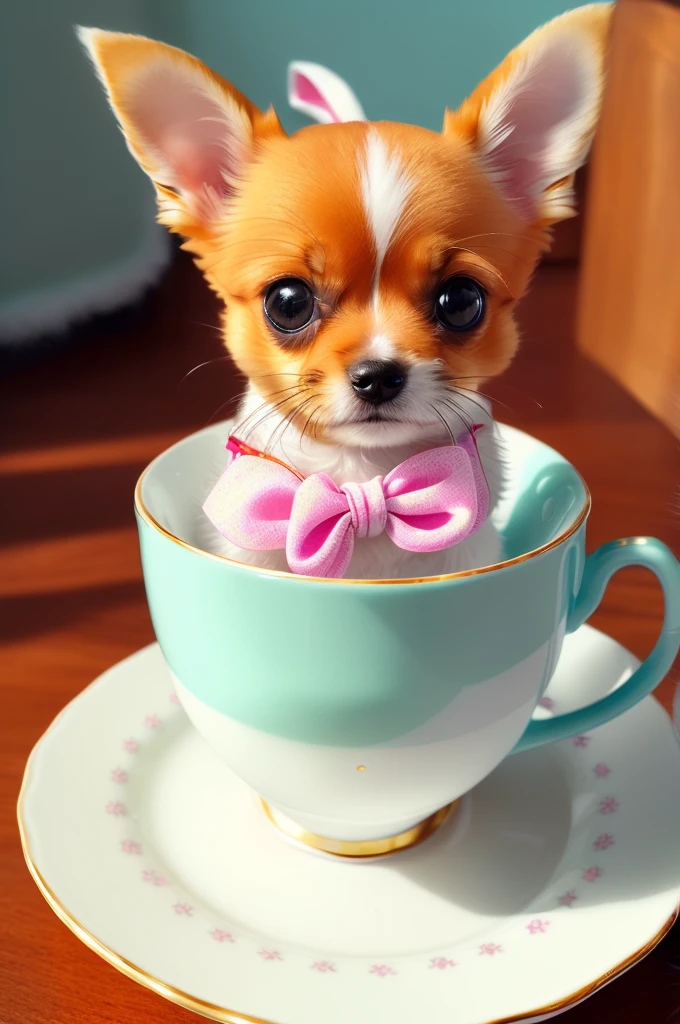 One, cute little dog long coat Chihuahua in a teacup, big eyes, 8k, delicate, clear, (((real)), has its paws sticking out of the teacup, sticks out its tongue, ((cute)), ((small)), professional photographer, professional photography, (((fur is fluffy)), antique teacup, (face sticking out of teacup), coffee shop, indoors, sunlight, light leaks, photogenic reality, ribbons, scrunchies, one teacup and plate,