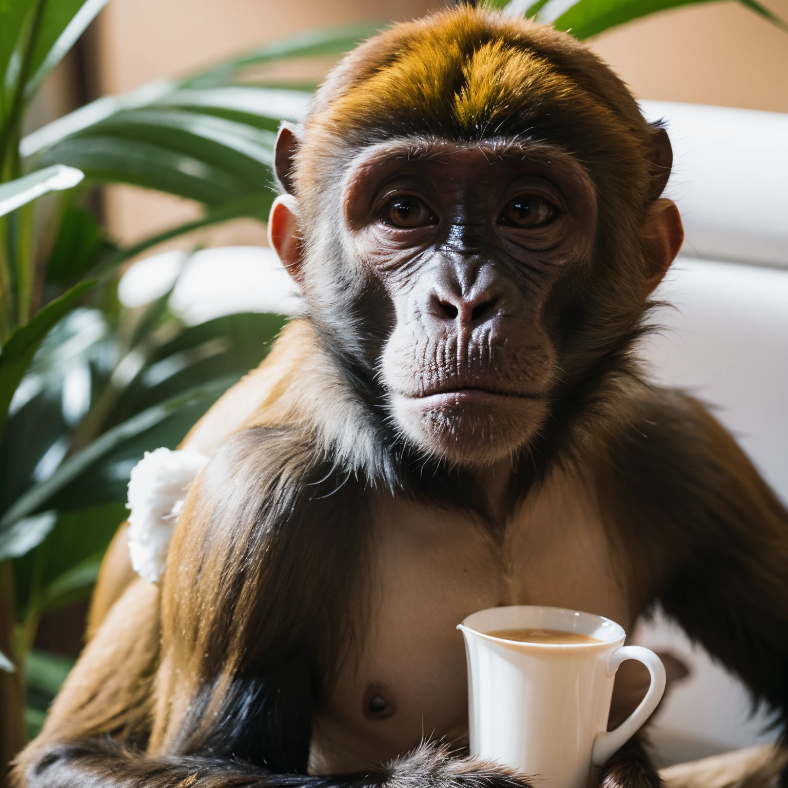 a monkey hold a cup of milk tea