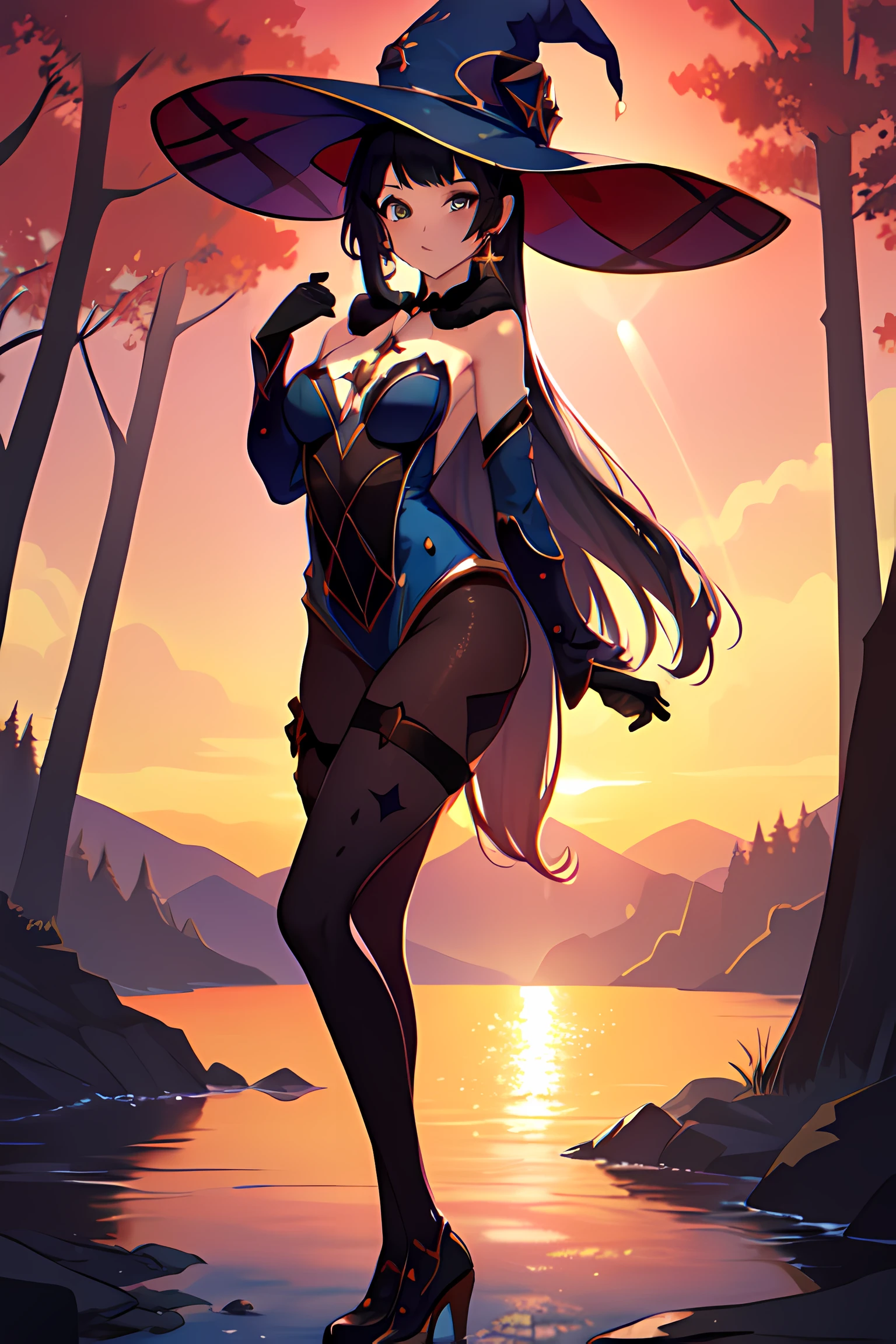 ((Detalle extremo)),((Ultra detallado)),((pintura)), Fondo de pantalla CG, 4k extremadamente detallado, La mejor calidad, Gimona, sosteniendo diferentes poses, bruja tiene, bodystocking, cuerpo completo, gargantilla, cinta, Pendientes, Mirando al espectador, resplandecer, Destello de lente, rayos de luz, Flash, ocean, horizonte, sunset with trees and rivers in the background,